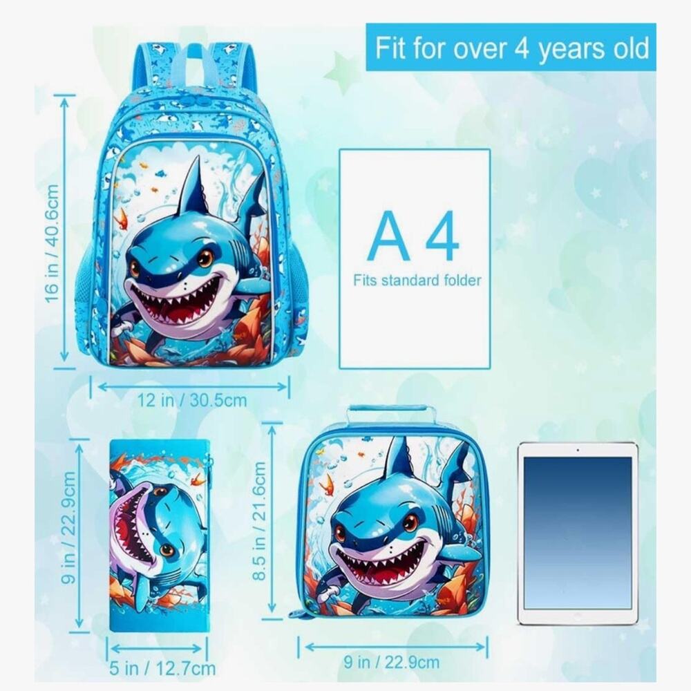 NWOT CCJPX 3PCS Shark Backpack for Boys, 16 Inch Kids Water Resistant Preschool - Picture 4 of 13